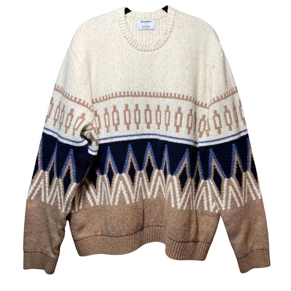 Old Navy SoSoft Mens XXL Geometric Fair Isle Crew Neck Sweater Cream Navy Tan